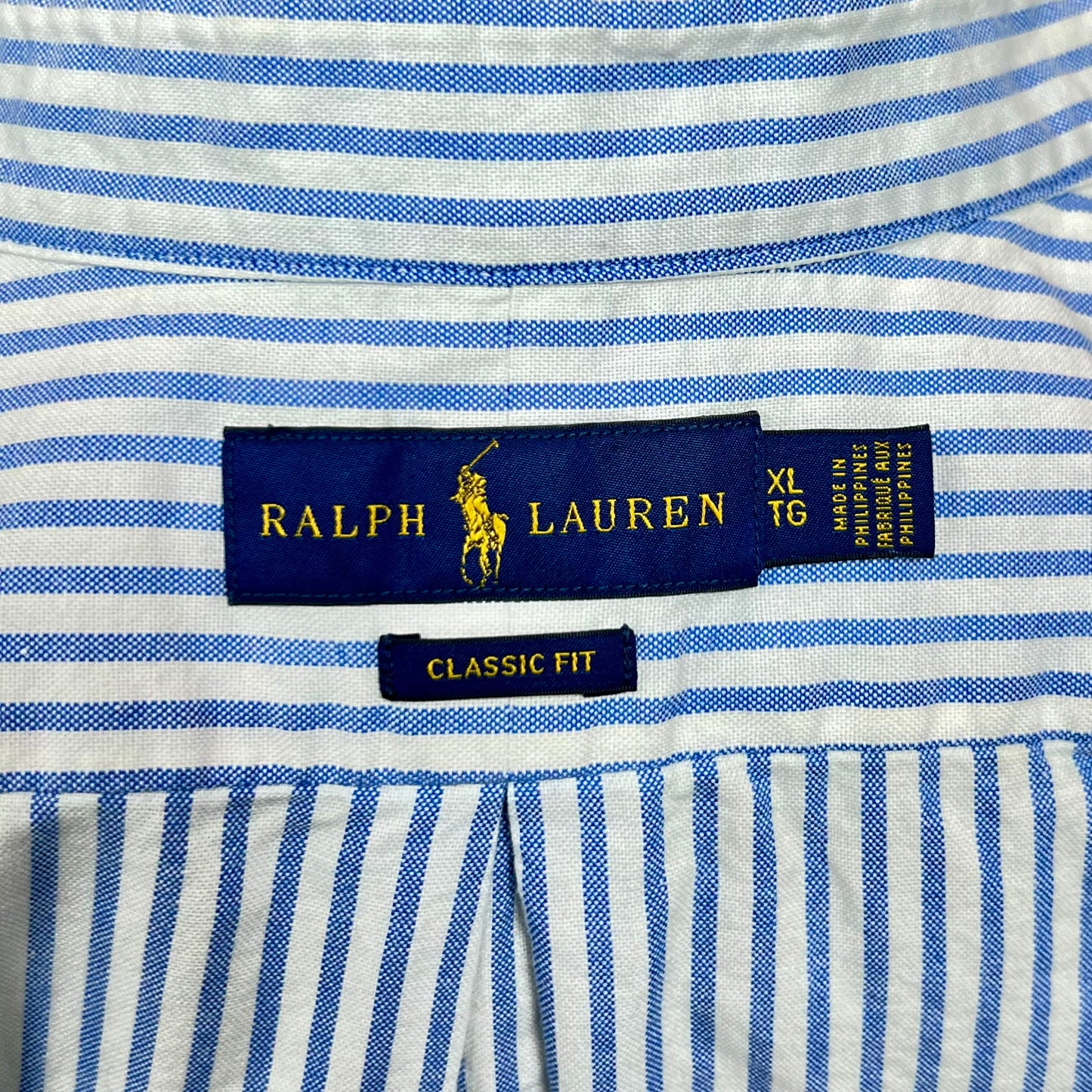 Camisa Polo Ralph Lauren 🏇🏼 Color blanco patron de rayas en color celeste Talla XL Entalle Clásico