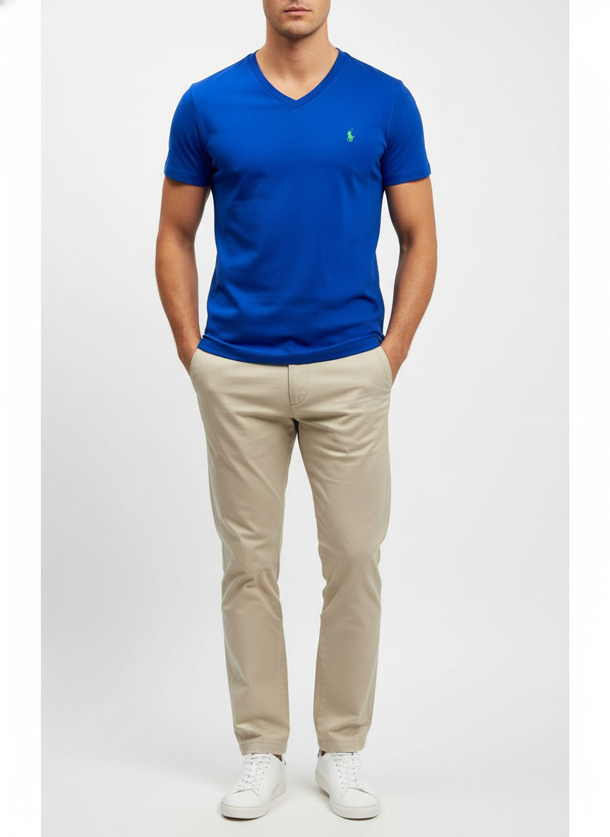 Camiseta cuello V Polo Ralph Lauren 🏇🏼 color azul navy con logo en verde Talla Large Entalle Clásico