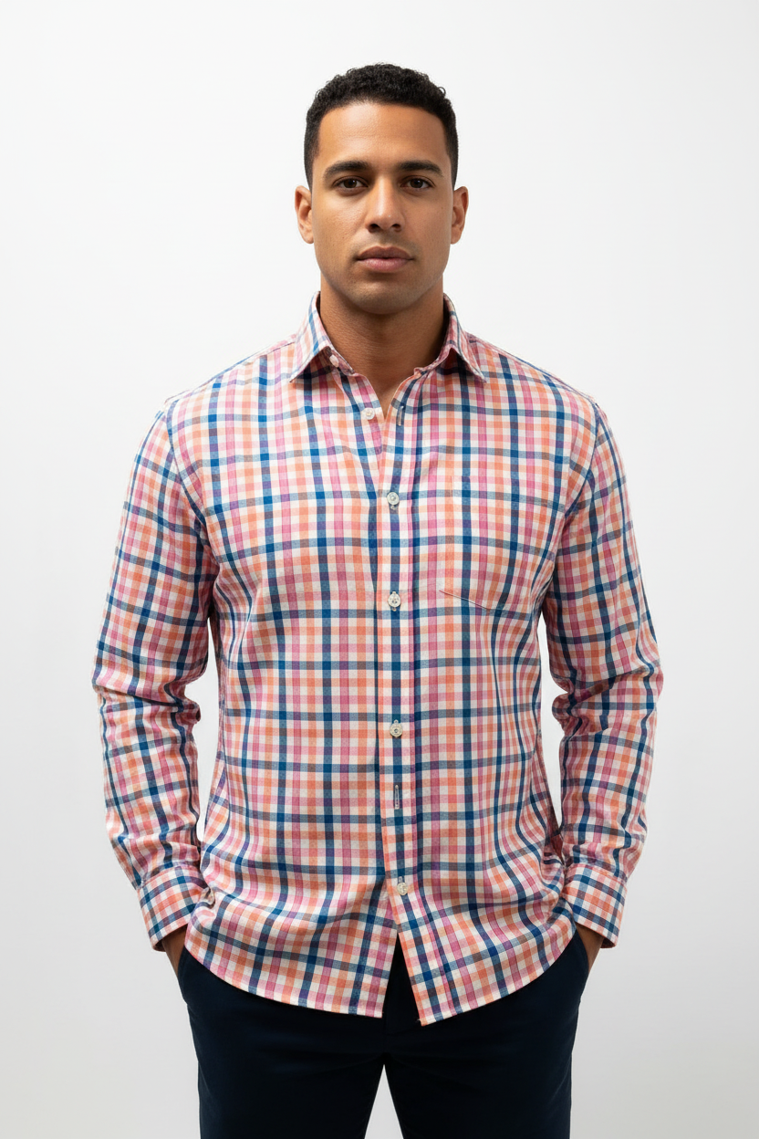 Camisa de botones Vineyard Vines 🐳 color blanco de cuadros en rosado, naranja y azul Talla S Entalle Clásico
