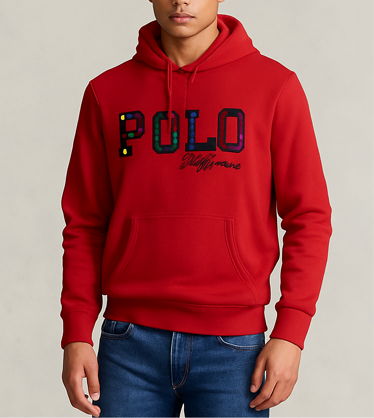 Sudadera Hoodie Polo Ralph Lauren ๐๐ผ color rojo y logo en letras multicolor Talla S