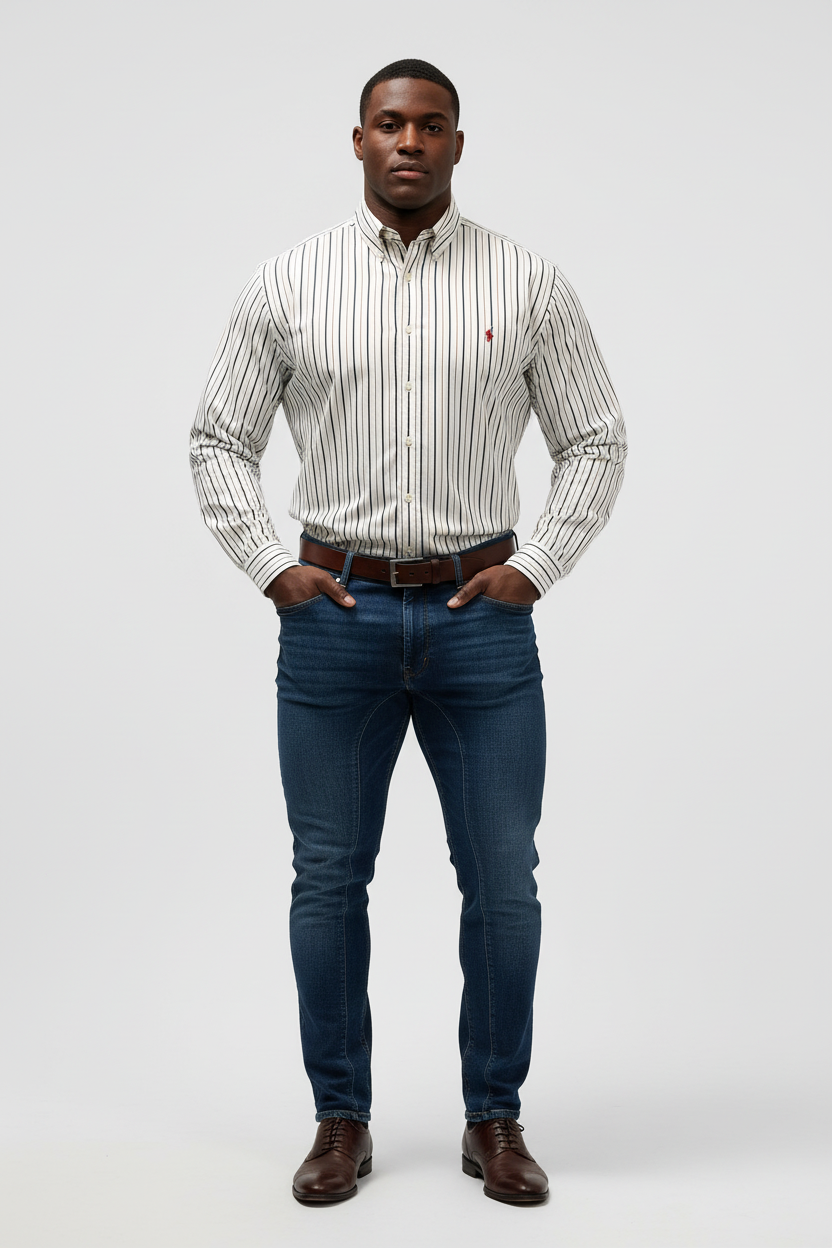 Camisa Polo Ralph Lauren 🏇🏼 Color blanco de rayas en color rojo y negro Talla XL Entalle Clásico