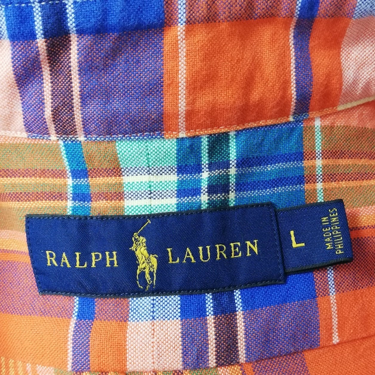 Camisa Polo Ralph Lauren 🏇🏼 Oxford con patrón de cuadros naranja, azul y blanco Talla L Entalle Clásico