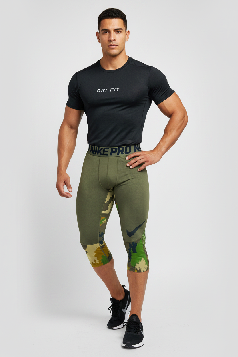 Malla de entrenamiento licra Nike ✔️ Pro HyperCool de 3/4 de largo para hombre De camuflaje en Color verde oliva Talla L