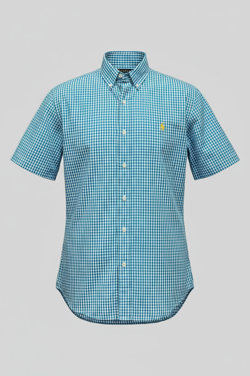 Camisa Polo Ralph Lauren 🏇🏼 Seersucker de cuadros en turquesa y blanco Talla M Entalle Regular