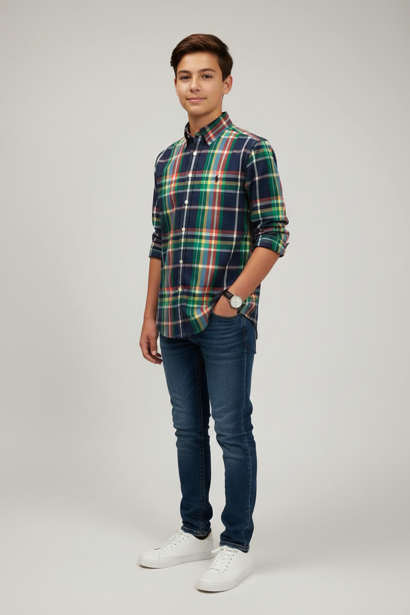 Camisa de niño Polo Ralph Lauren 🏇🏼 de cuadros en verde, naranja, amarillo y azul Talla L (14-16) Entalle Regular