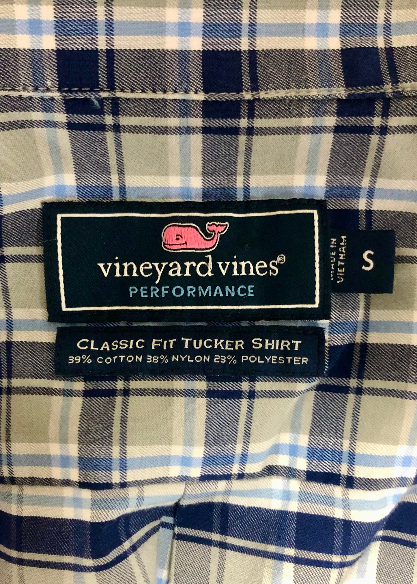 Camisa de botones Vineyard Vines 🐳 Performance de cuadros en color gris y azul Talla S Entalle Clásico