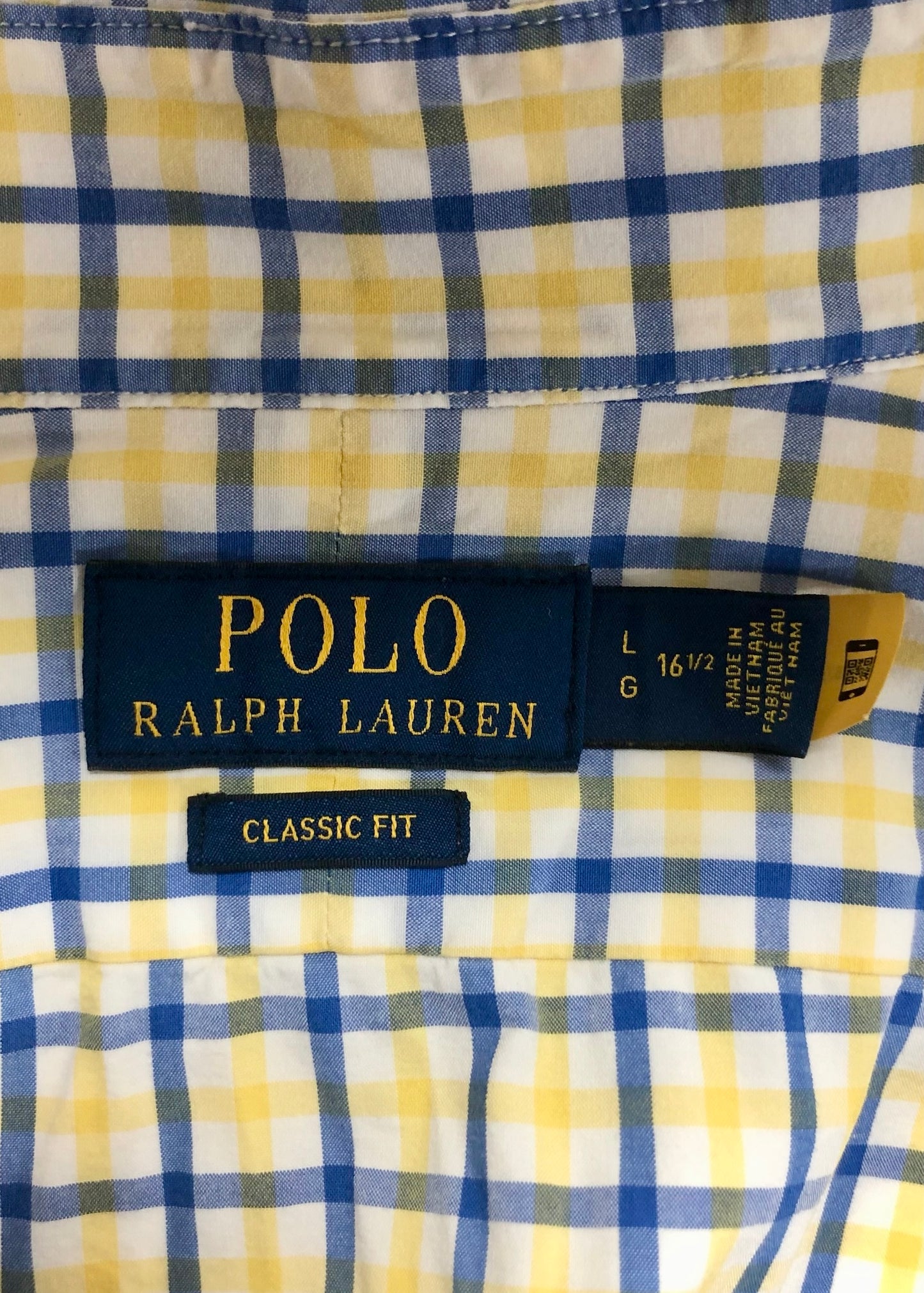 Camisa Polo Ralph Lauren 🏇🏼 color blanco de cuadros en amarillo y azul Talla L Entalle Clásico