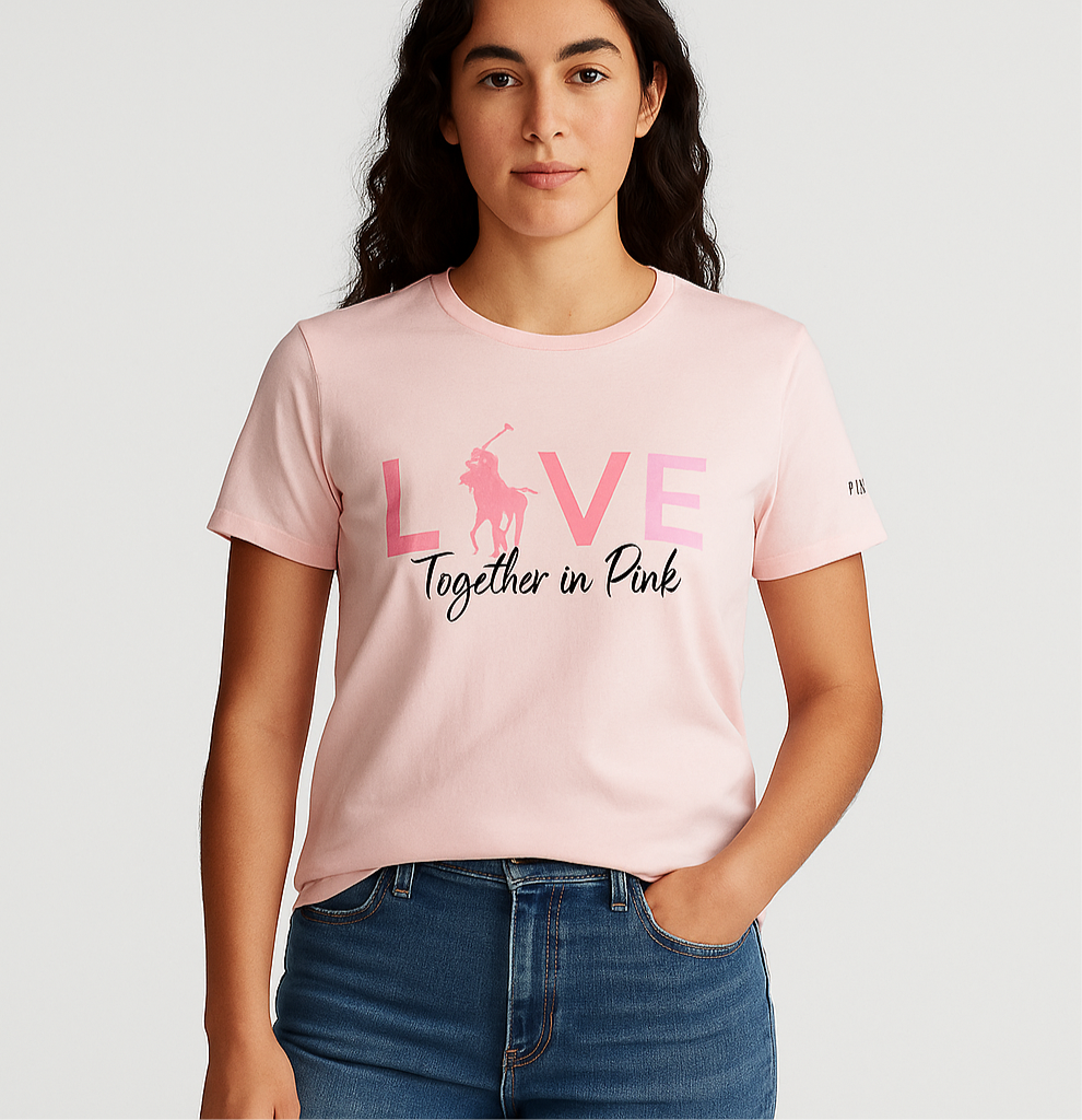 Camiseta cuello redondo de mujer Polo Ralph Lauren 🏇🏼 color rosado claro con diseño de logo Love en rosado Talla L Entalle Custom Slim Fit