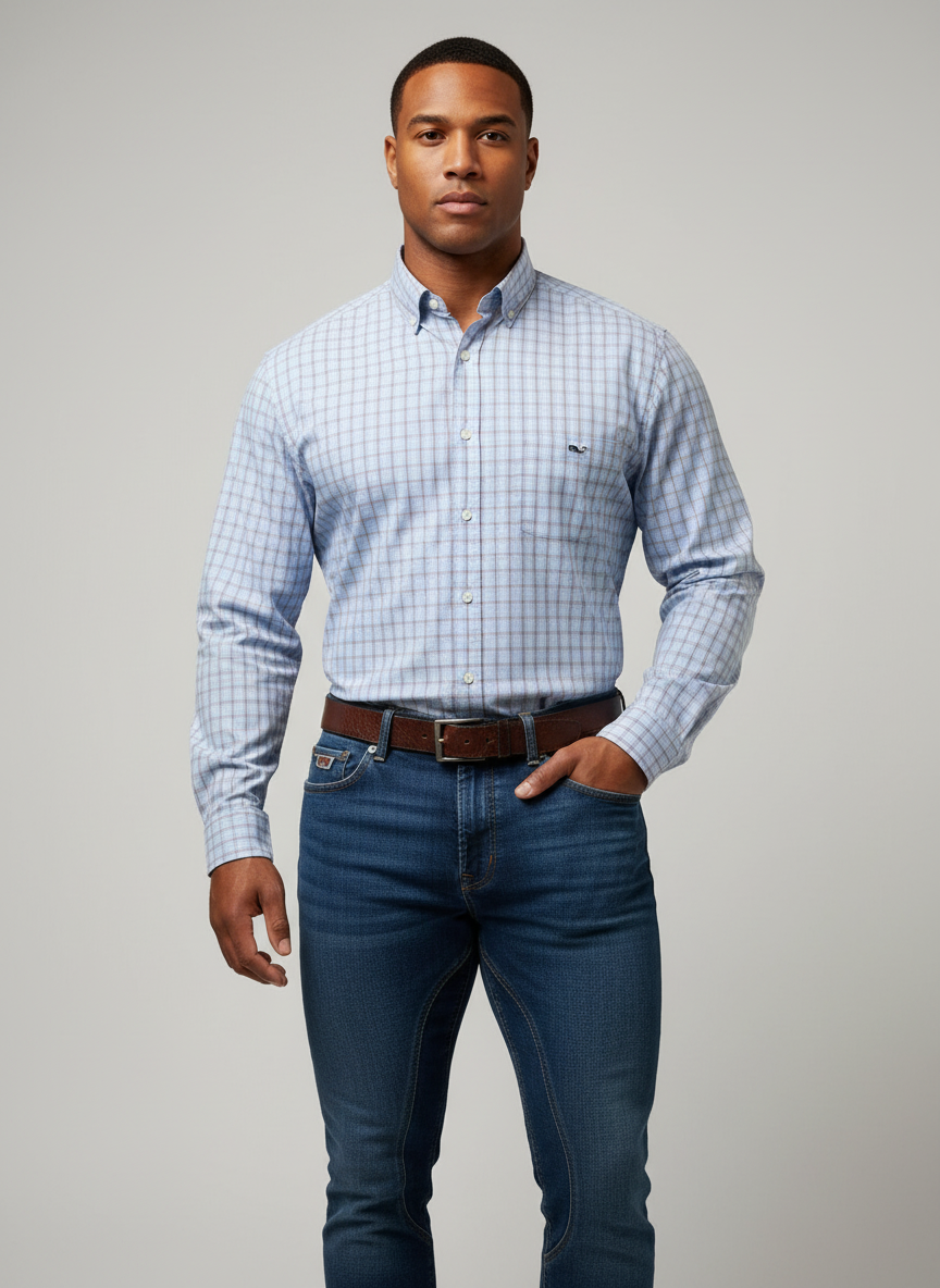 Camisa de botones Vineyard Vines 🐳 color celeste de cuadros en rojo, azul y blanco Talla M Entalle Clásico