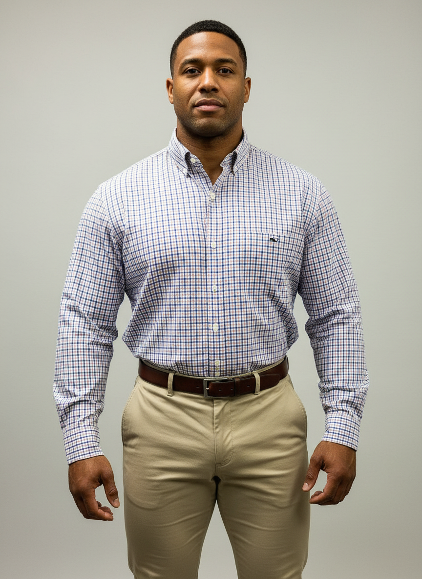 Camisa de botones Vineyard Vines 🐳 de cuadros en color rosado, azul y blanco Talla L Entalle Clásico