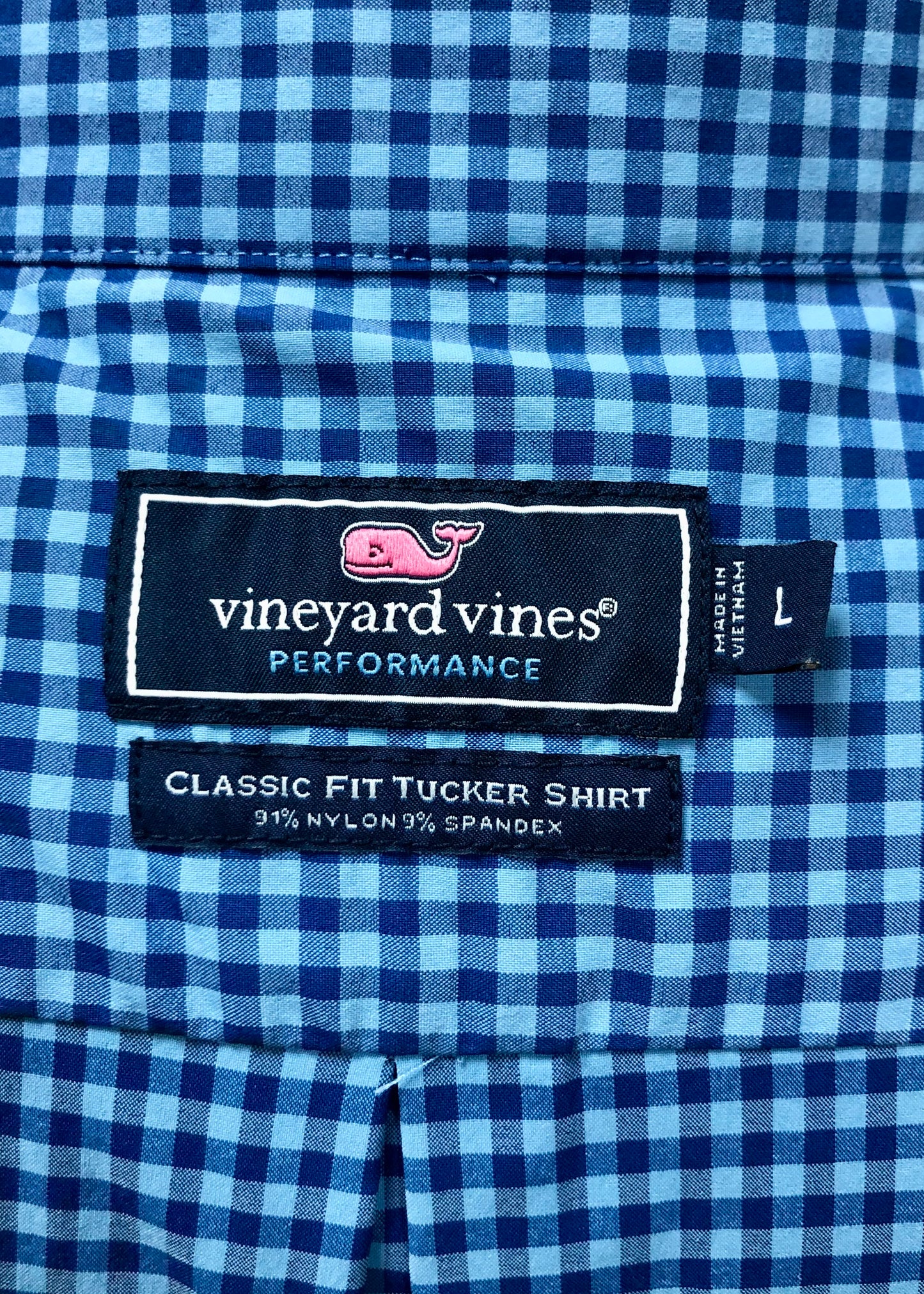 Camisa de botones Vineyard Vines 🐳 Performance de cuadros gingham en color celeste y azul navy Talla L Entalle Clásico