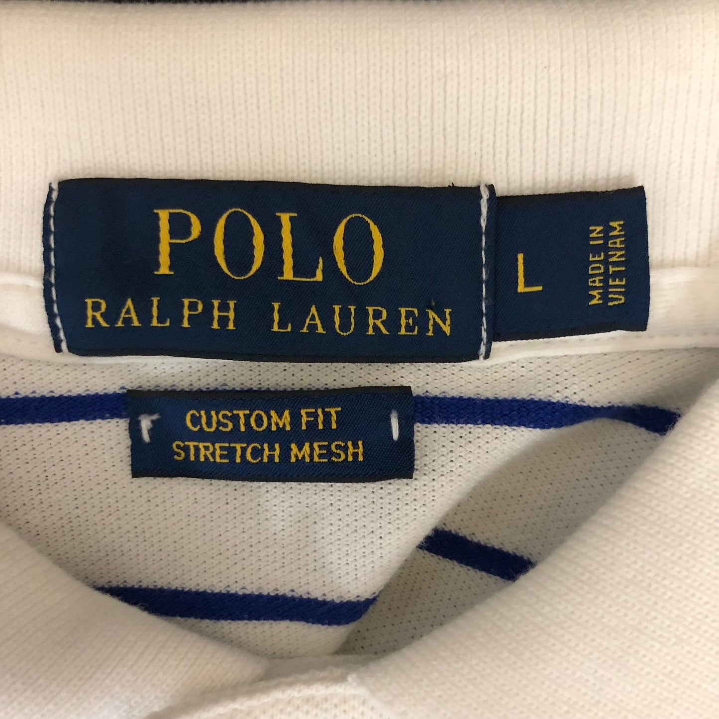 Camiseta Polo Ralph Lauren 🏇🏼 color blanco con diseño de rayas en azul oscuro Talla L Entalle Custom Fit