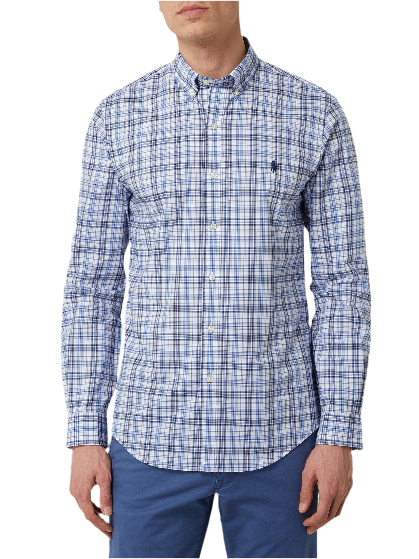 Camisa Polo Ralph Lauren 🏇🏼 color blanco con patrón de cuadros negro y celeste Talla XL Entalle Clásico