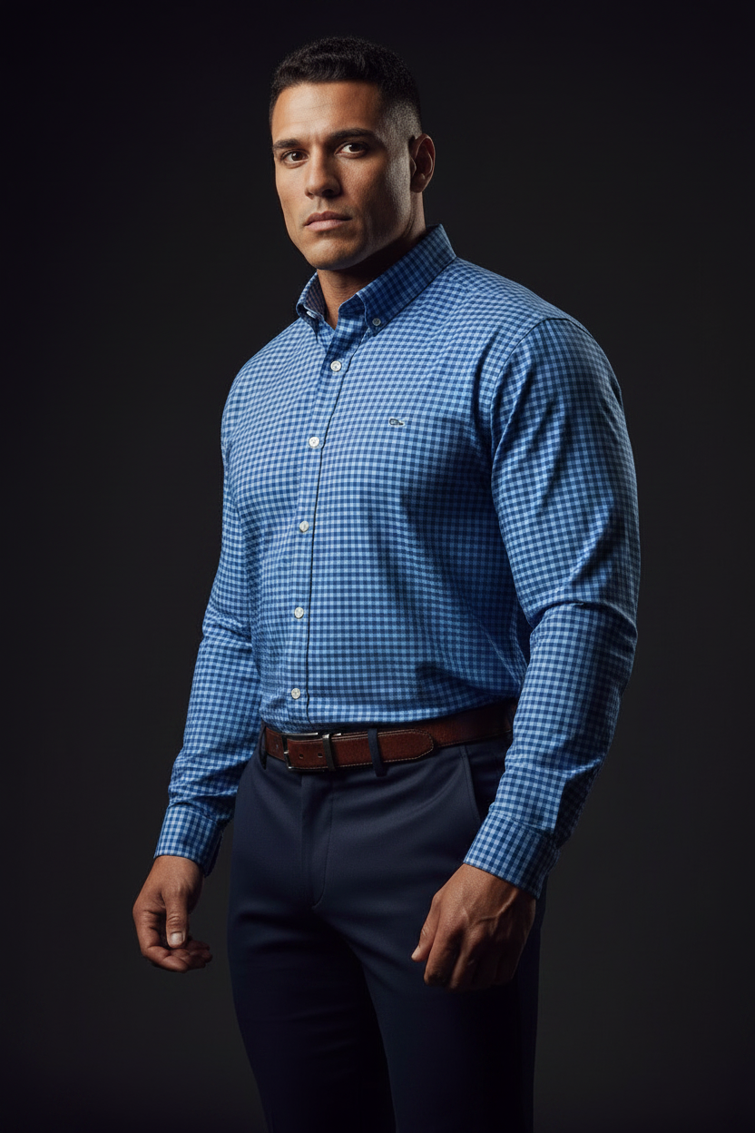 Camisa Vineyard Vines 🐳 Performance de cuadros gingham en color celeste y azul Talla XL Entalle Clásico