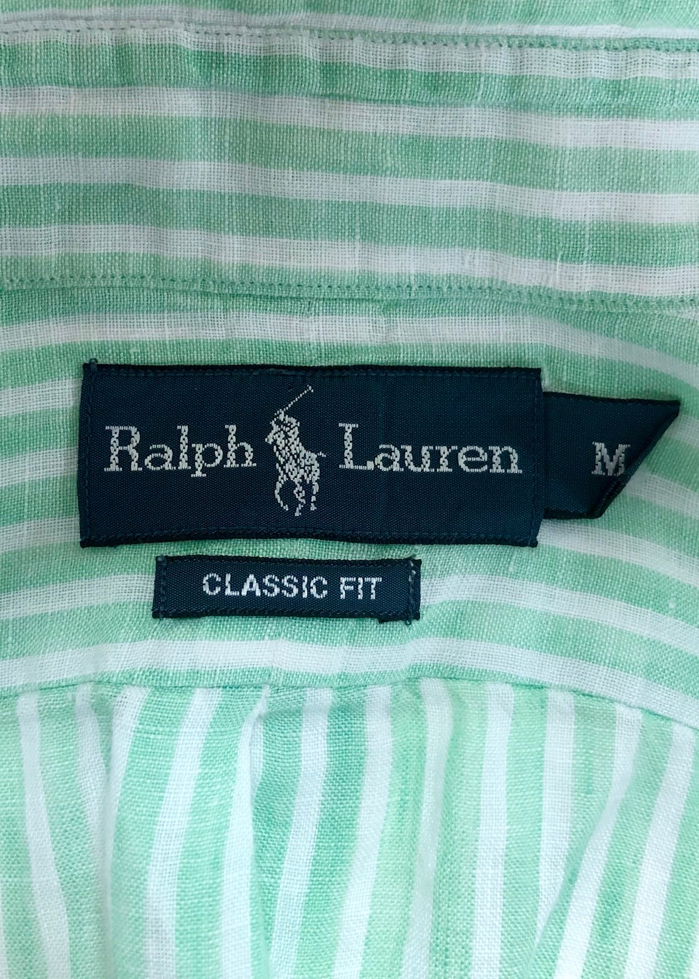 Camisa Polo Ralph Lauren 🏇🏼 de Lino con patron de rayas en color verde y blanco Talla M Entalle Clásico