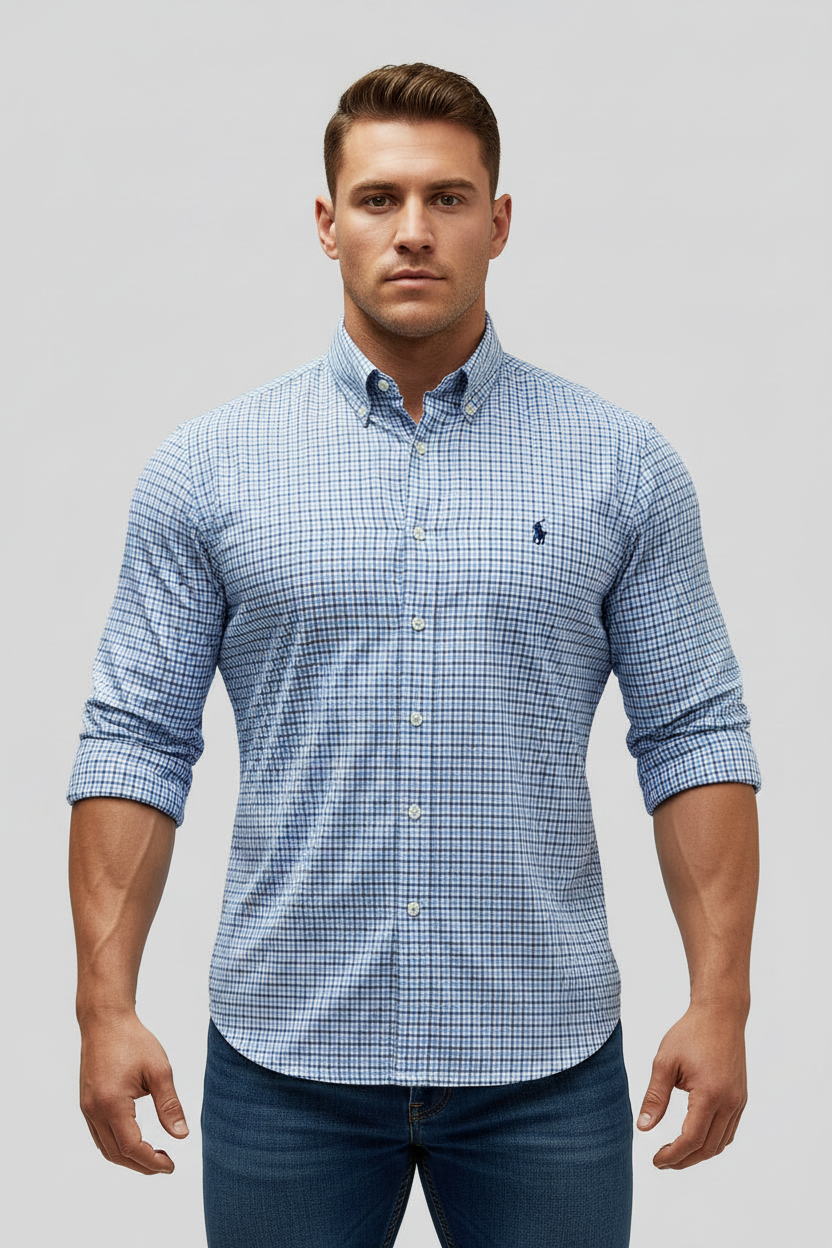 Camisa Polo Ralph Lauren 🏇🏼 color blanco con patron de cuadros en celeste y azul navy Talla XL Entalle Regular