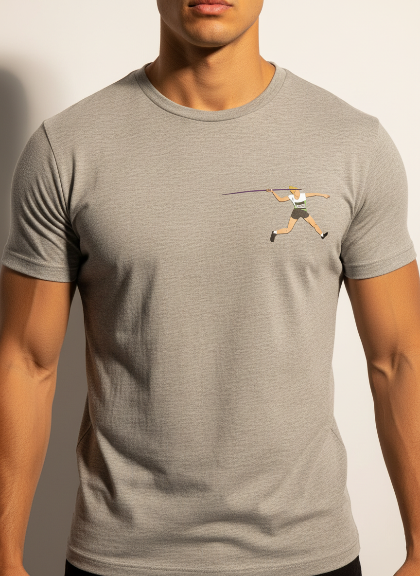 Camiseta de cuello redondo On Running 🏃🏻♂️ color gris claro con logo de Lanzamiento de Jabalina en Talla L