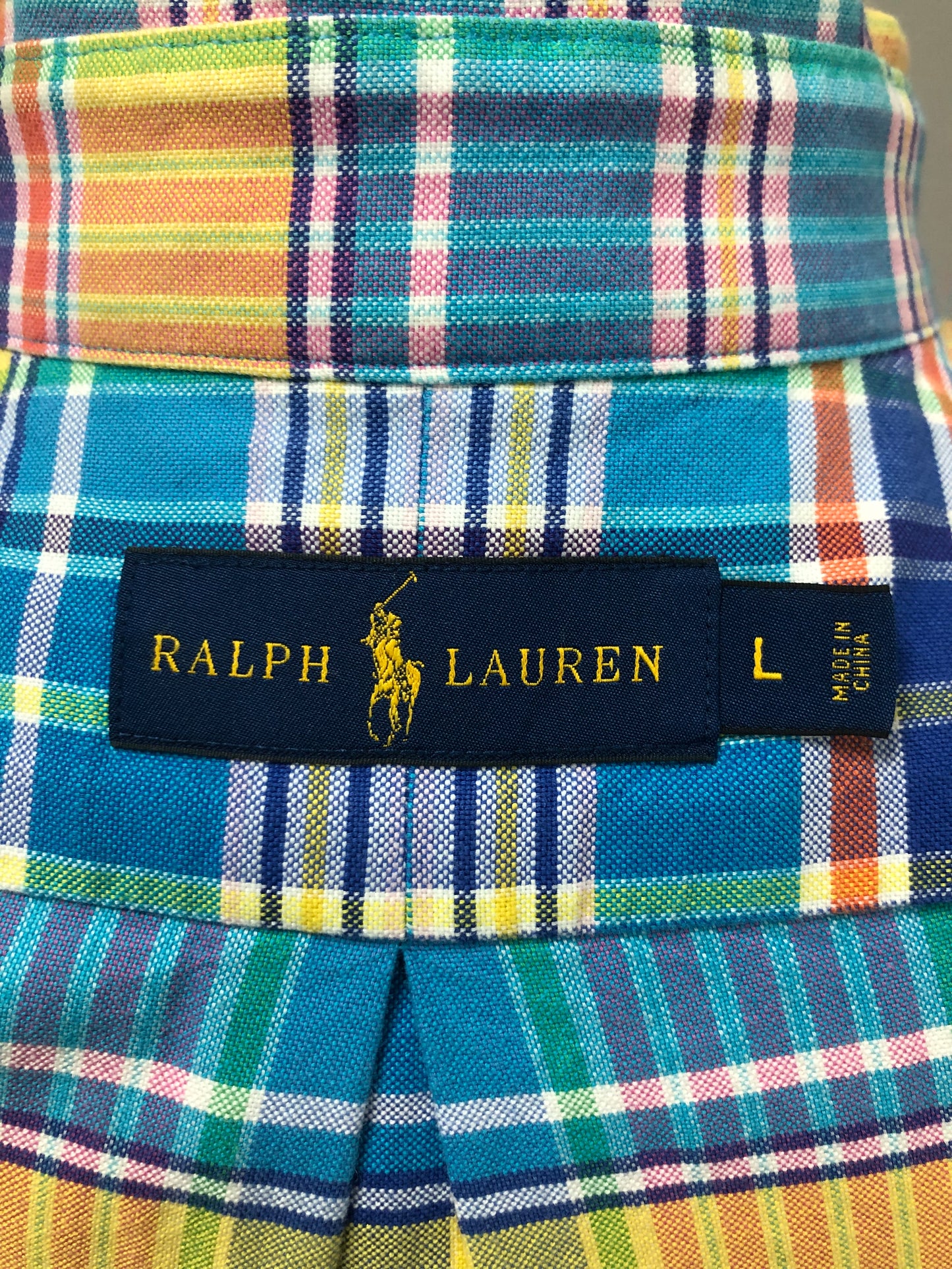 Camisa Polo Ralph Lauren 🏇🏼 Oxford con patron de cuadros en color turquesa, amarillo, naranja y blanco Talla L Entalle Regular