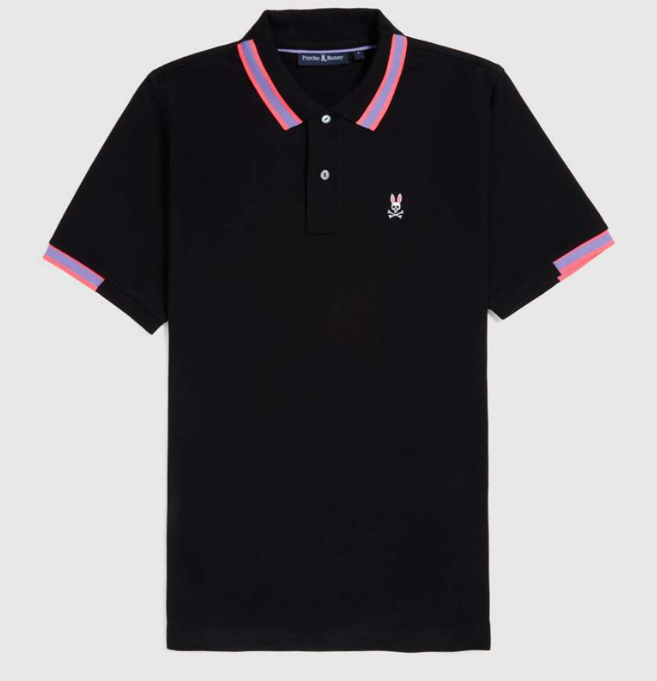Camiseta Polo Psycho Bunny 🐰 Pique en color azul navy con diseño de cuello en rojo y lila Talla L Entalle Regular