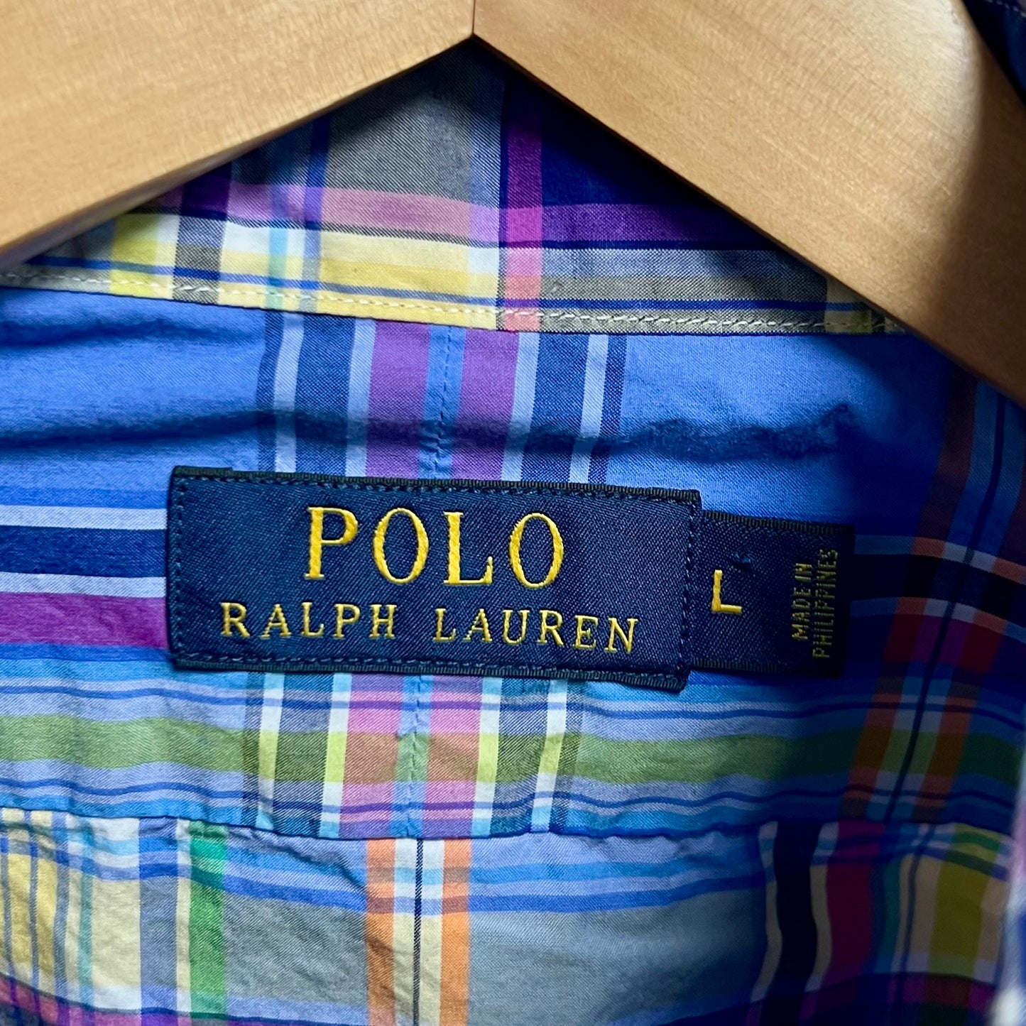 Camisa Polo Ralph Lauren 🏇🏼 con patrón de cuadros tartán azul, celeste y naranja Talla L Entalle Regular