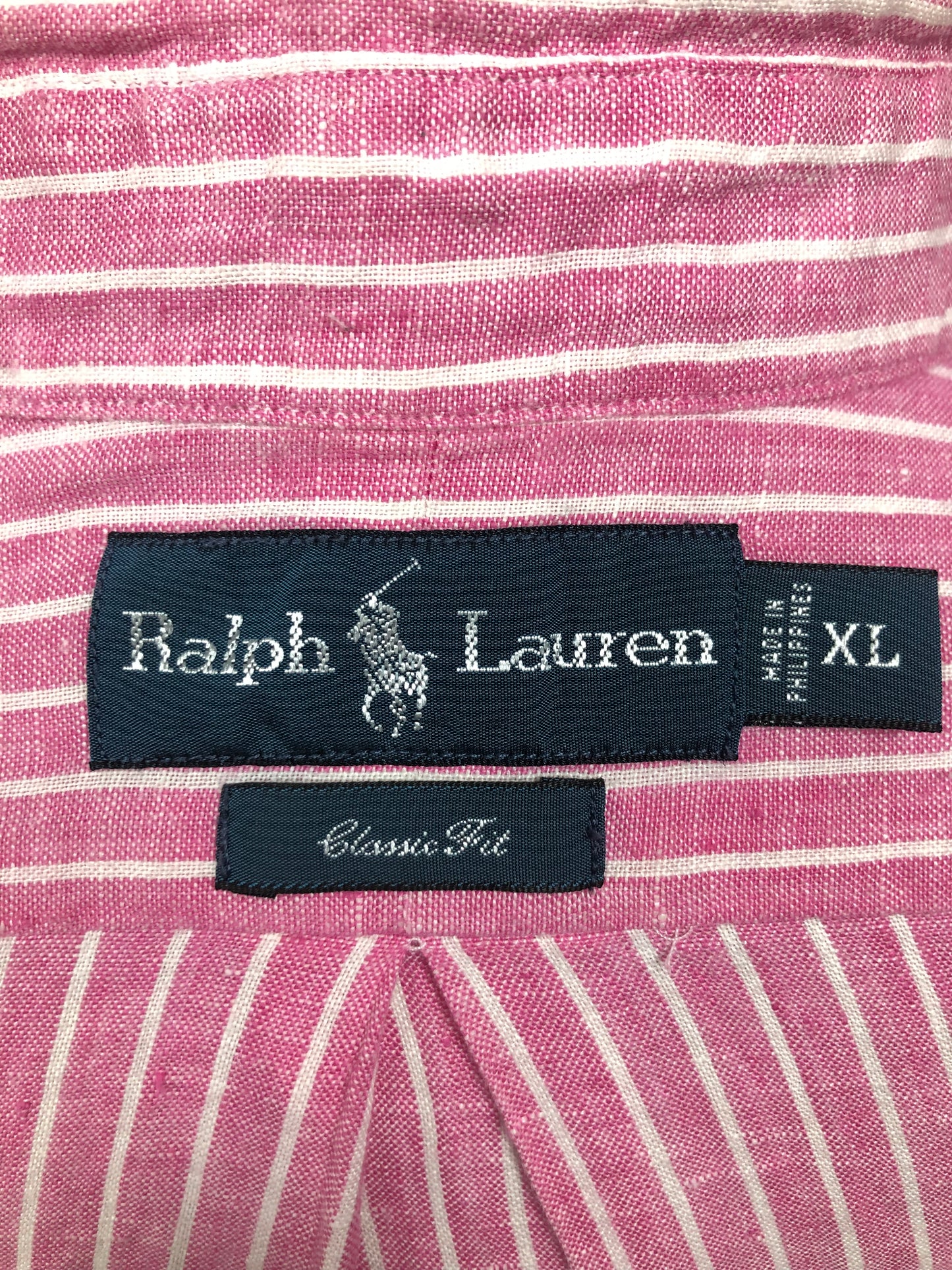 Camisa Polo Ralph Lauren 🏇🏼 Color rosado de Lino con patron de rayas en color blanco Talla XL Entalle Clásico