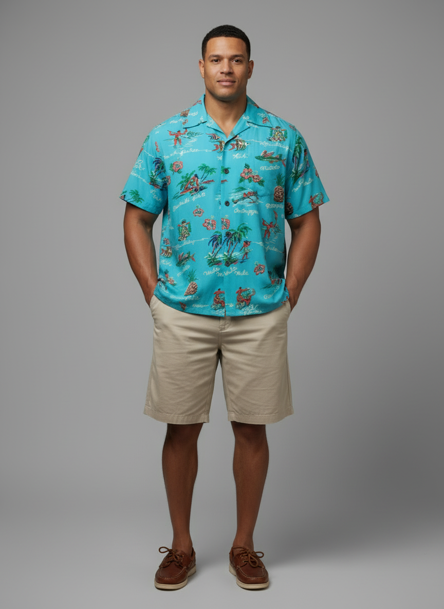 Camisa de botones Kalakaua hawaiana 🌺 color celeste con diseño hawaiano Talla M Entalle Regular