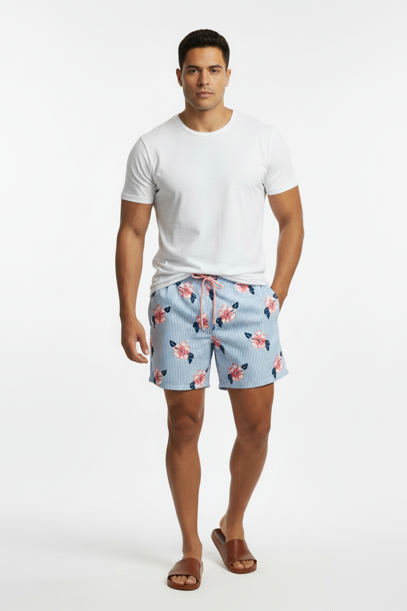 Short de baño Vineyard Vines 🐳 de rayas celeste y blanco con diseño de floral talla L