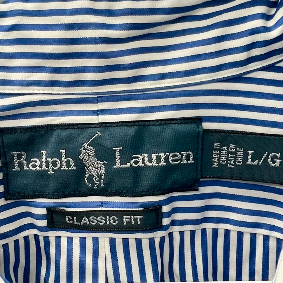 Camisa Polo Ralph Lauren 🏇🏼 color blanco con rayas finas en color azul Talla L Entalle Clásico