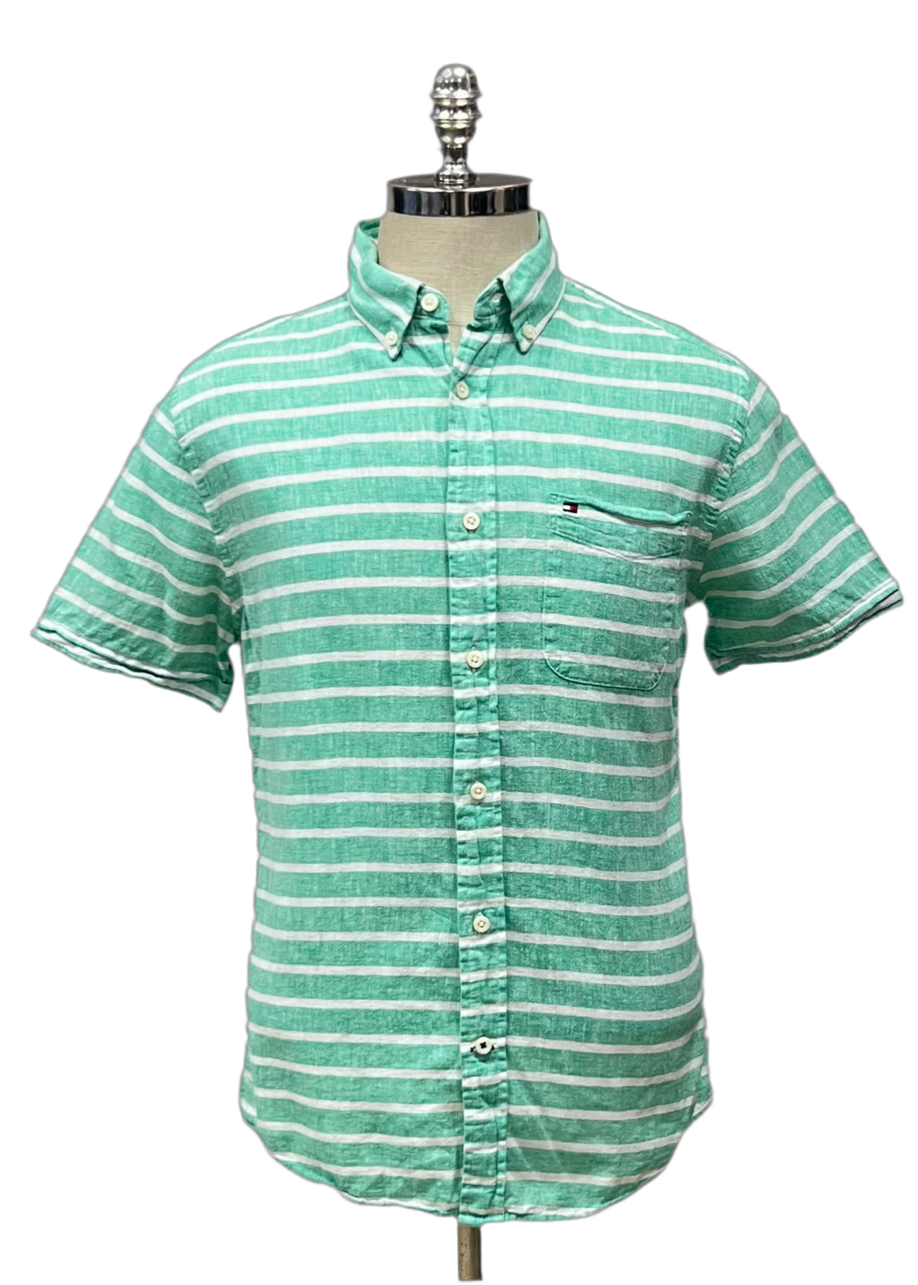 Camisa de botones Tommy Hilfiger 🇺🇸 de lino de rayas en color verde y blanco Talla M Entalle Custom Fit