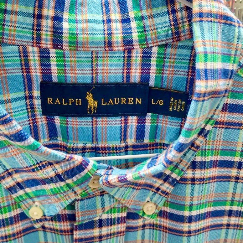 Camisa Polo Ralph Lauren 🏇🏼 Oxford de cuadros tartán en color celeste, azul y verde Talla L Entalle Regular