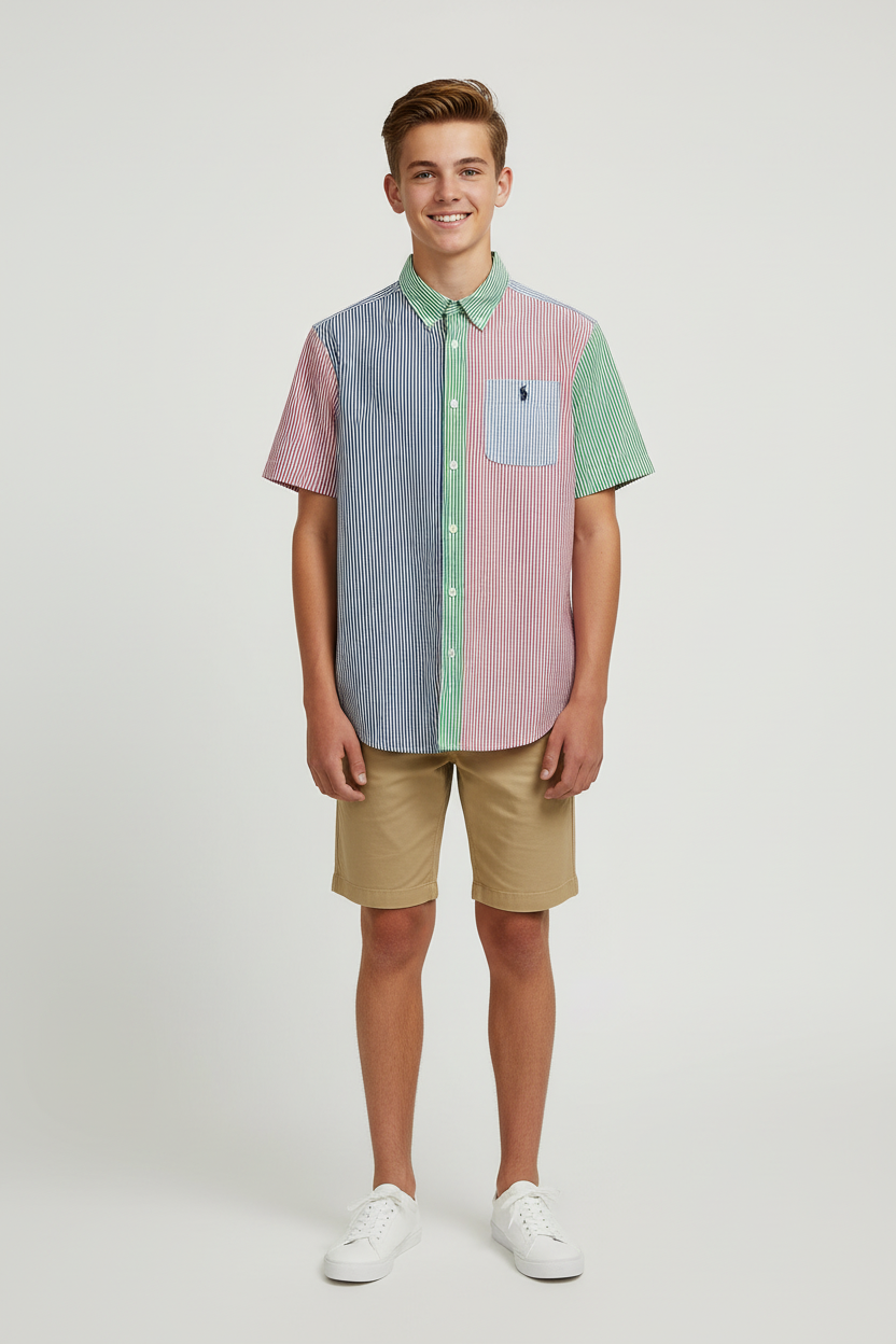 Camisa de niño Polo Ralph Lauren 🏇🏼 Seersucker de rayas en verde claro, rosado y azul Talla L (14-16) Entalle Regular