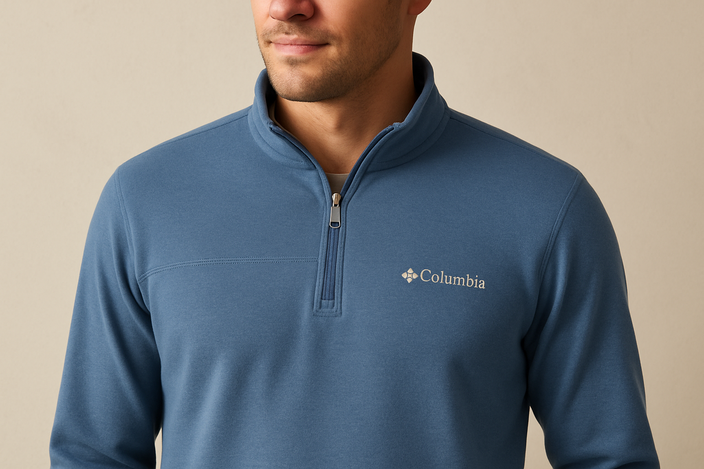 Sueter Jersey Columbia 🔷 color azul grisáceo y logo en color gris Talla S