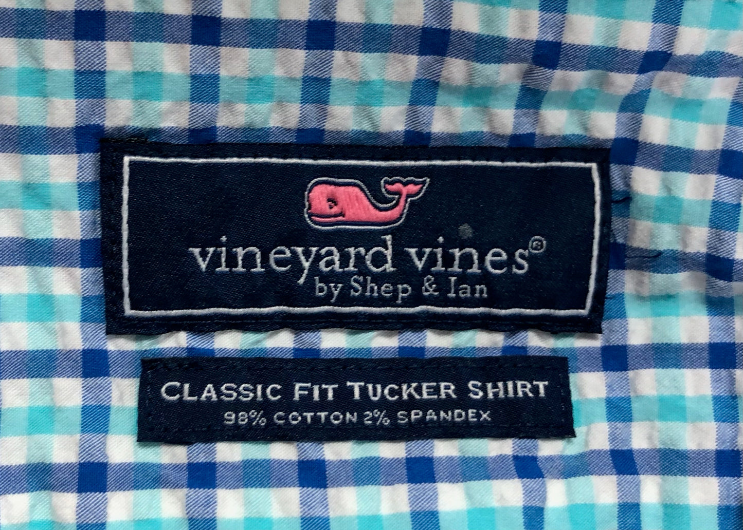 Camisa de botones Vineyard Vines 🐳 Seersucker color blanco de cuadros en color turquesa y azul Talla L Entalle Clásico