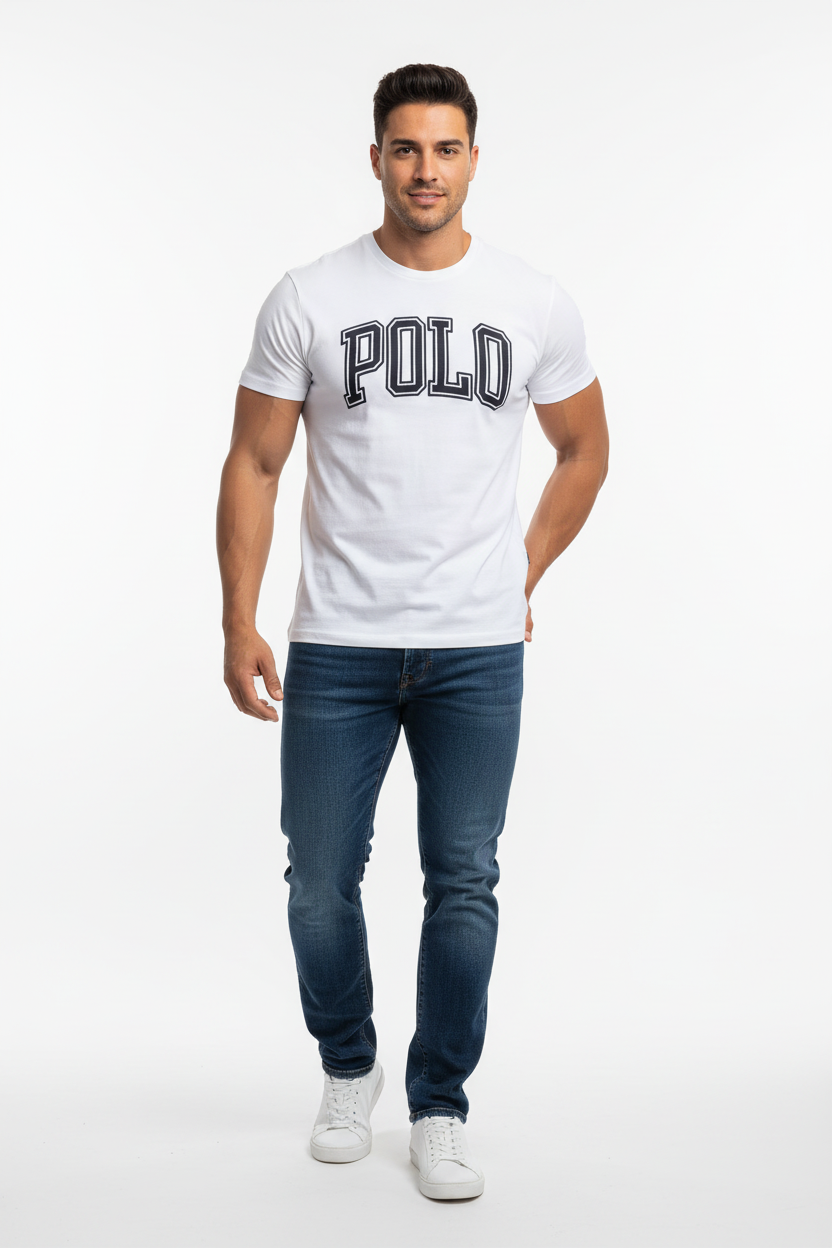 Camiseta cuello Redondo Polo Ralph Lauren 🏇🏼 color blanco con logo en letras Polo Talla S Entalle Regular