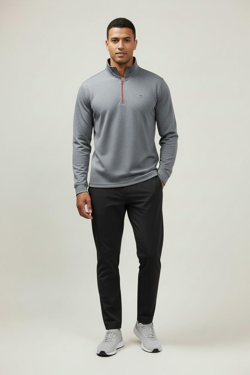 Sueter Jersey Vineyard Vines 🐳 Performance color gris con zipper rojo Talla S