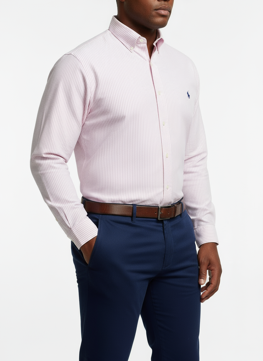 Camisa Polo Ralph Lauren 🏇🏼 de rayas en color rosado claro y blanco Talla XL Entalle Clásico
