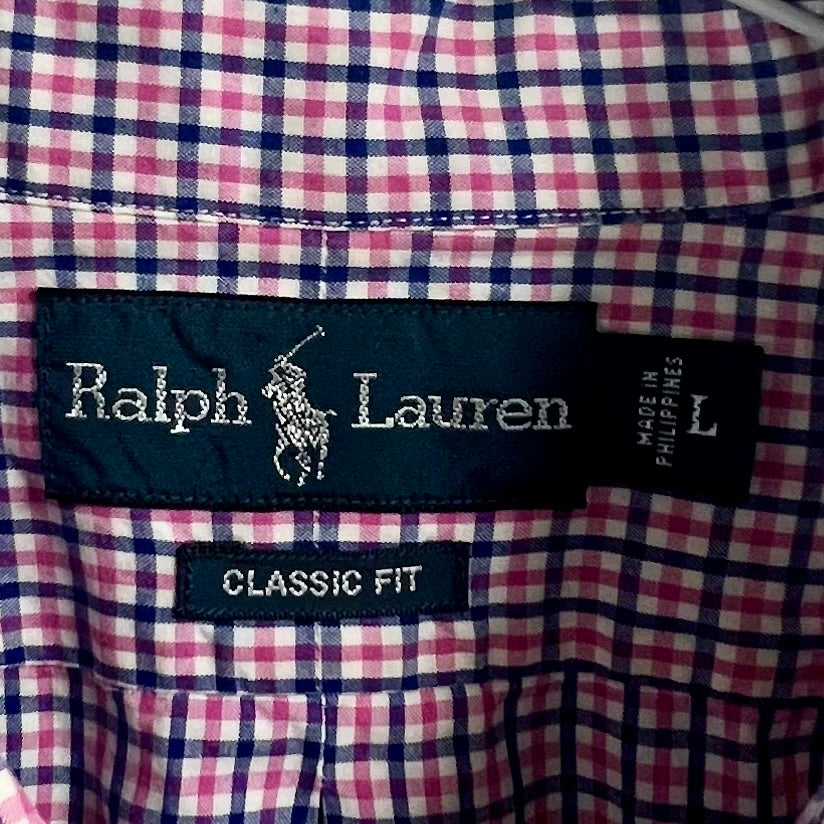 Camisa Polo Ralph Lauren 🏇🏼 blanca con patron de cuadros rosado y azul Talla L Entalle Clásico