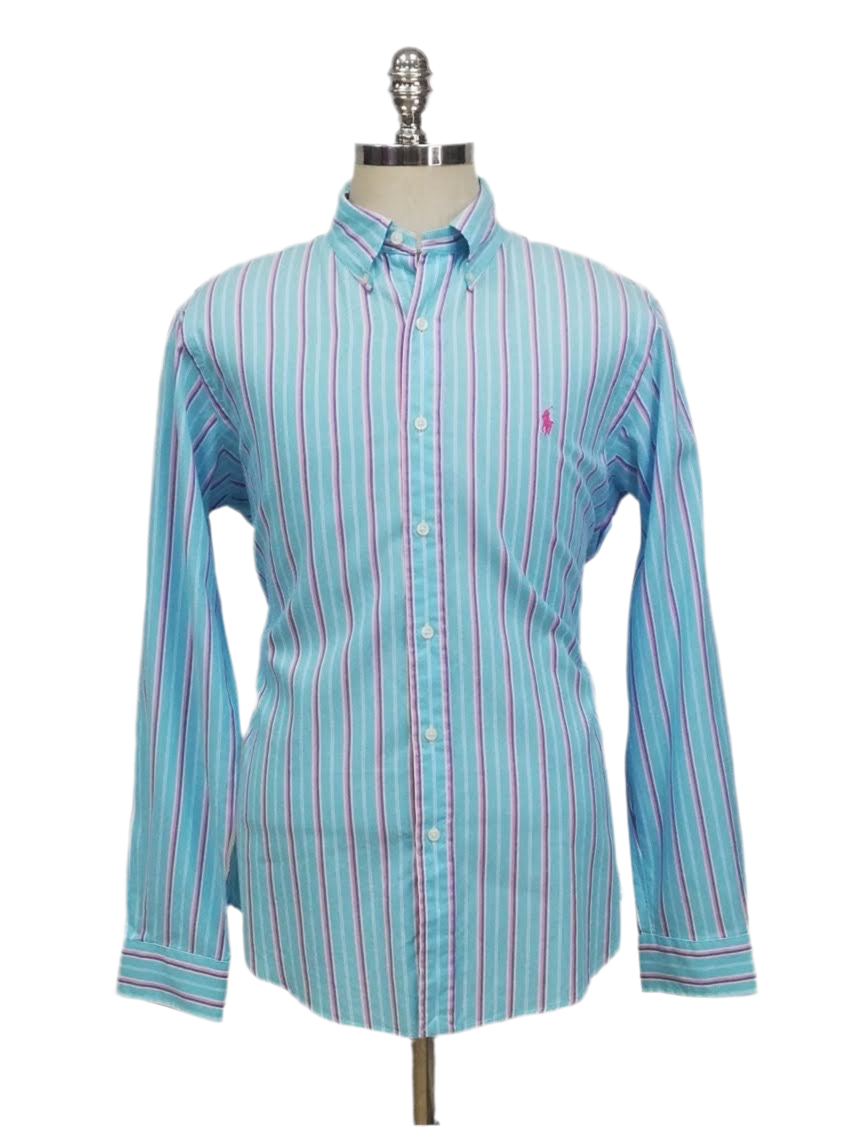 Camisa Polo Ralph Lauren 🏇🏼 color celeste con rayas en color rosado, azul y blanco Talla L Entalle Regular