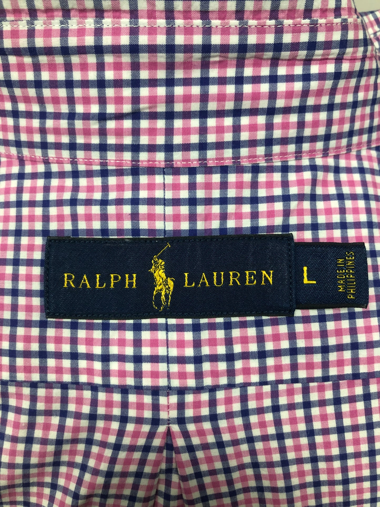 Camisa Polo Ralph Lauren 🏇🏼 blanca con patron de cuadros rosado y azul Talla L Entalle Regular