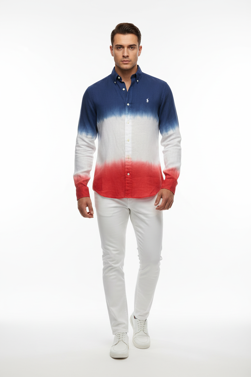 Camisa de botones Polo Ralph Lauren 🏇🏼 De Lino con diseño degradado en color azul, blanco y rojo Talla S Entalle Regular