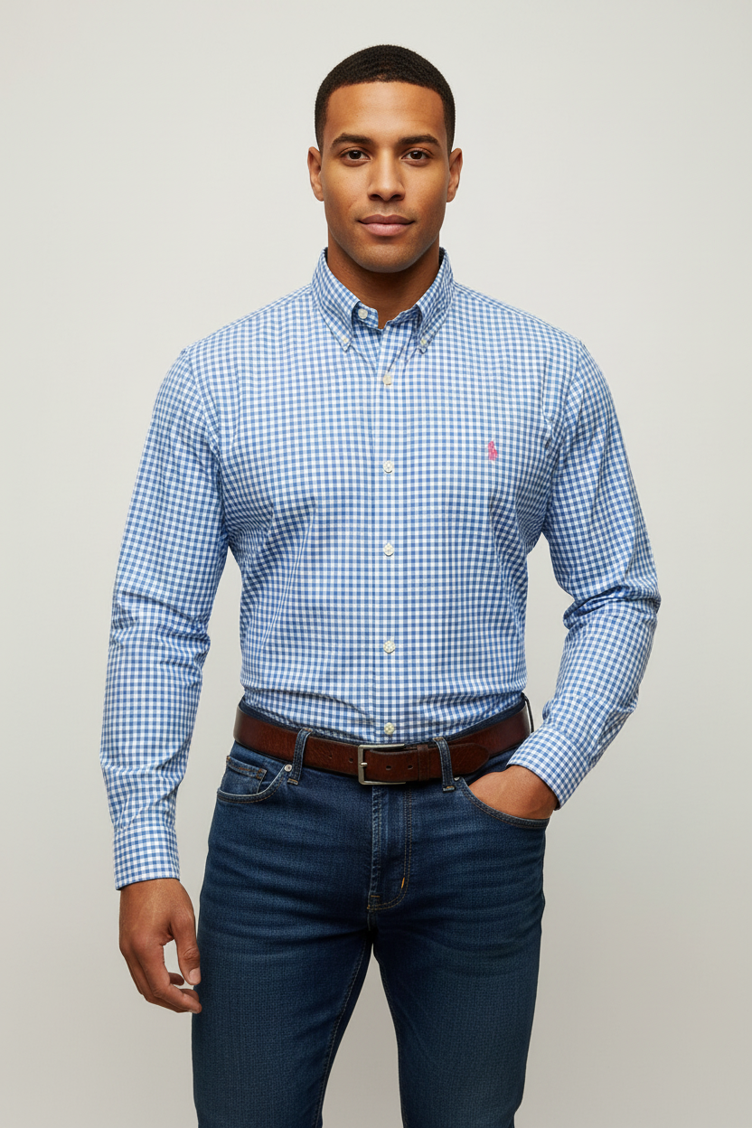 Camisa Polo Ralph Lauren 🏇🏼 de cuadros gingham celeste y blanco Talla XL Entalle Custom Fit