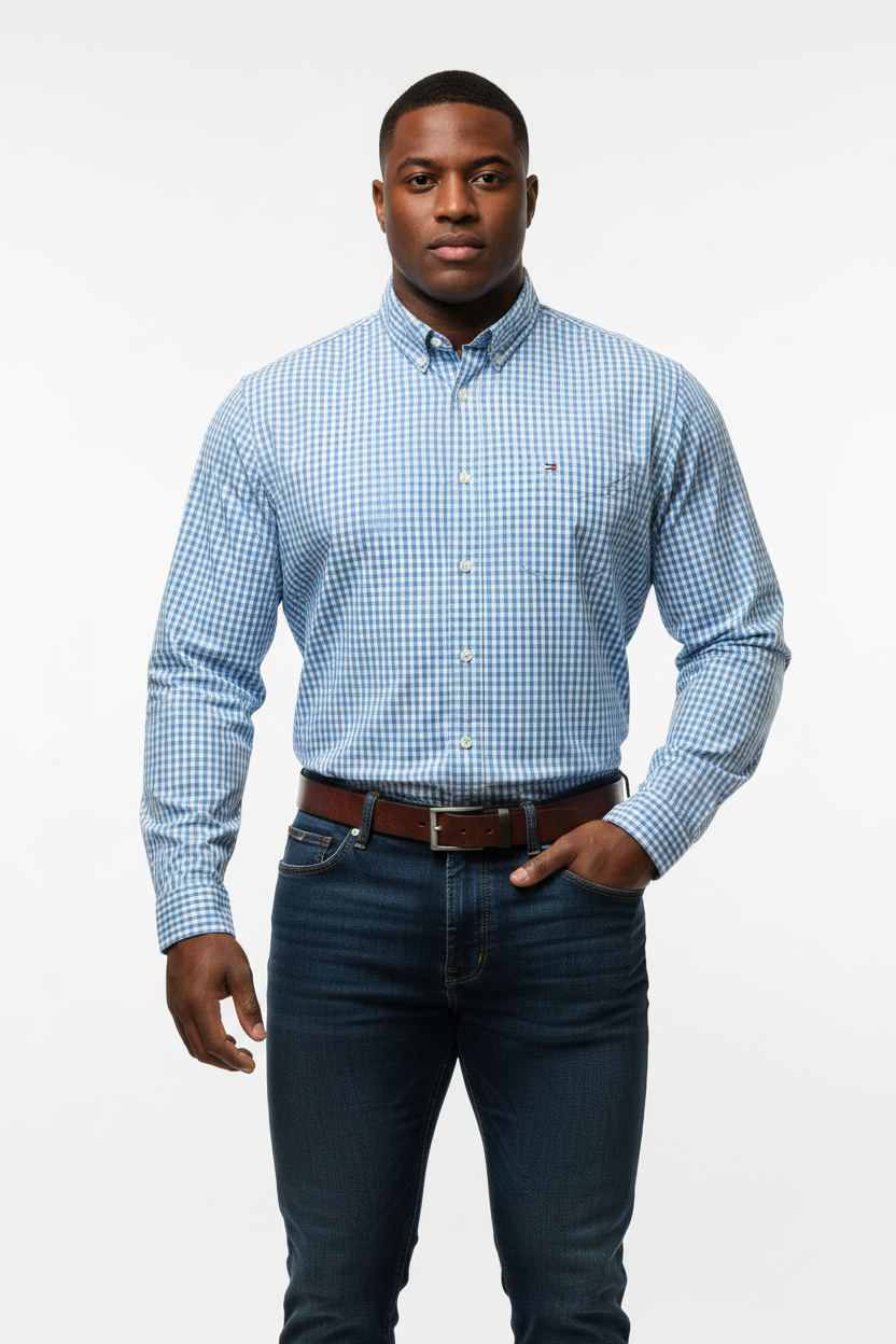 Camisa de botones Tommy Hilfiger 🇺🇸 de cuadros gingham en color celeste y blanco Talla L Entalle Clásico
