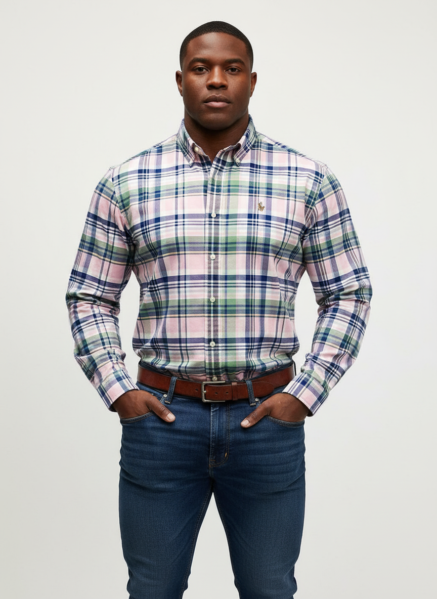 Camisa de botones Polo Ralph Lauren 🏇🏼 Oxford de cuadros tartán en color verde, rosado, azul y blanco Talla L Entalle Clásico