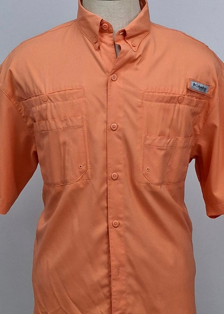 Chemise Columbia PFG Omni Shade Homme - Manches Courtes, Boutonnage, Orange à Carreaux (taille XL/TG)