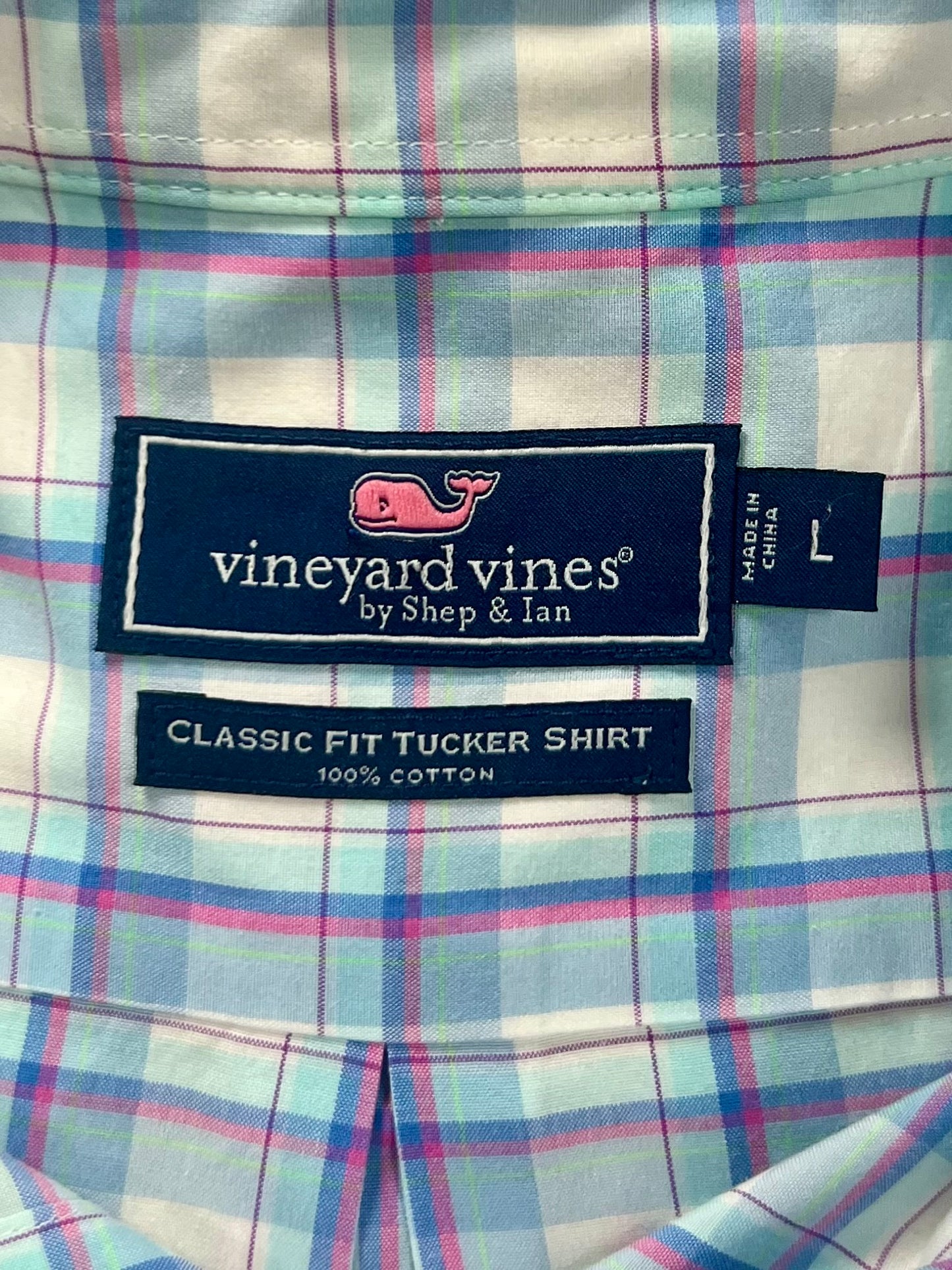 Camisa Vineyard Vines 🐳 Color blanco de cuadros en celeste y rosado Talla L Entalle Clásico