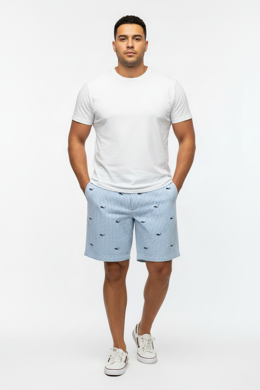 Short Casual Vineyard Vines 🐳 Seersucker con diseño de logos y cuadros celeste y blancos talla 34