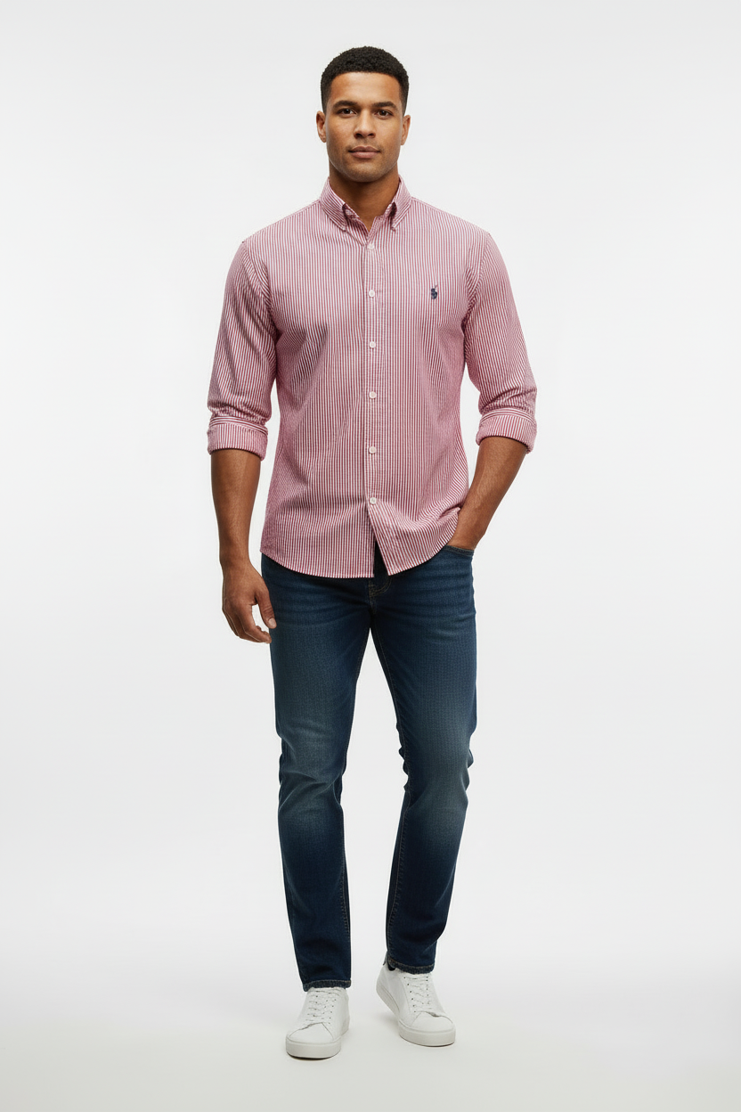 Camisa Polo Ralph Lauren 🏇🏼 con patron de rayas en color rojo y blanco Talla S Entalle Clásico