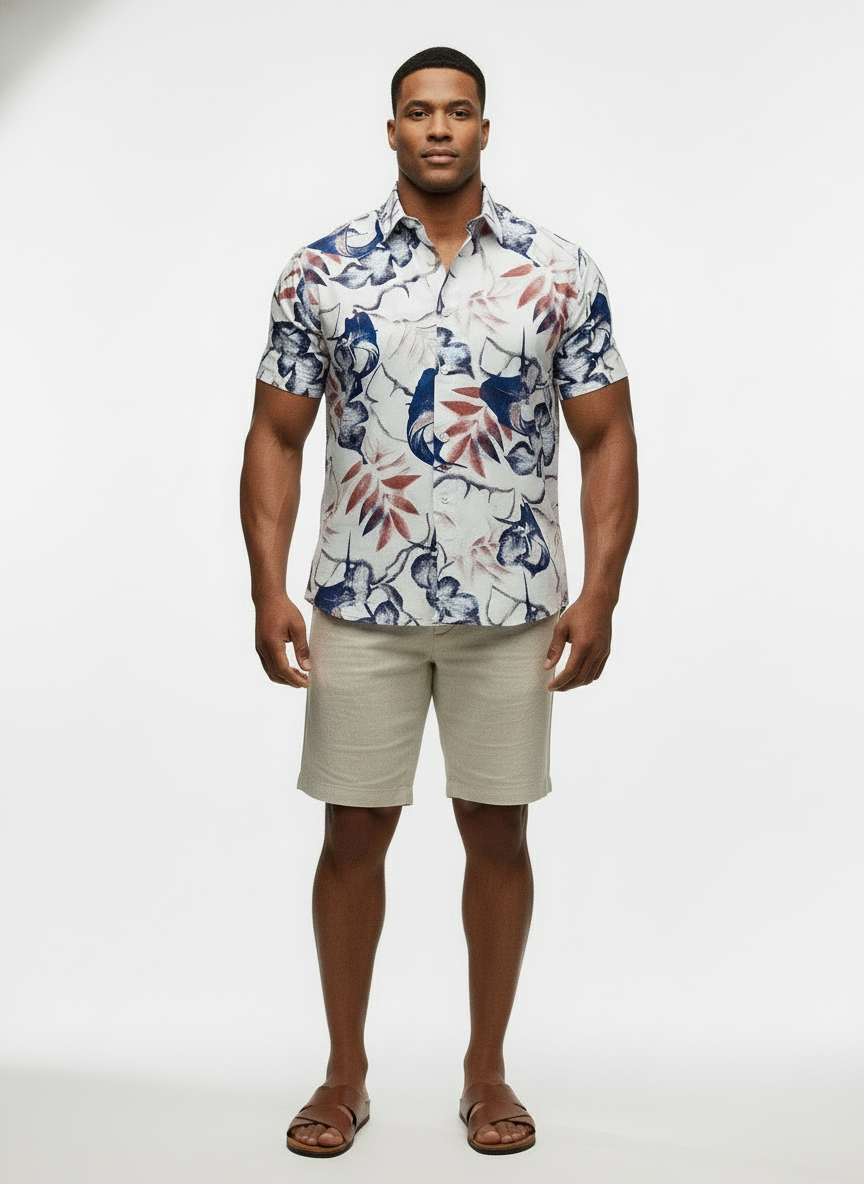 Camisa Columbia 🔹Color blanco con diseño floral en azul y rojo Talla XXL