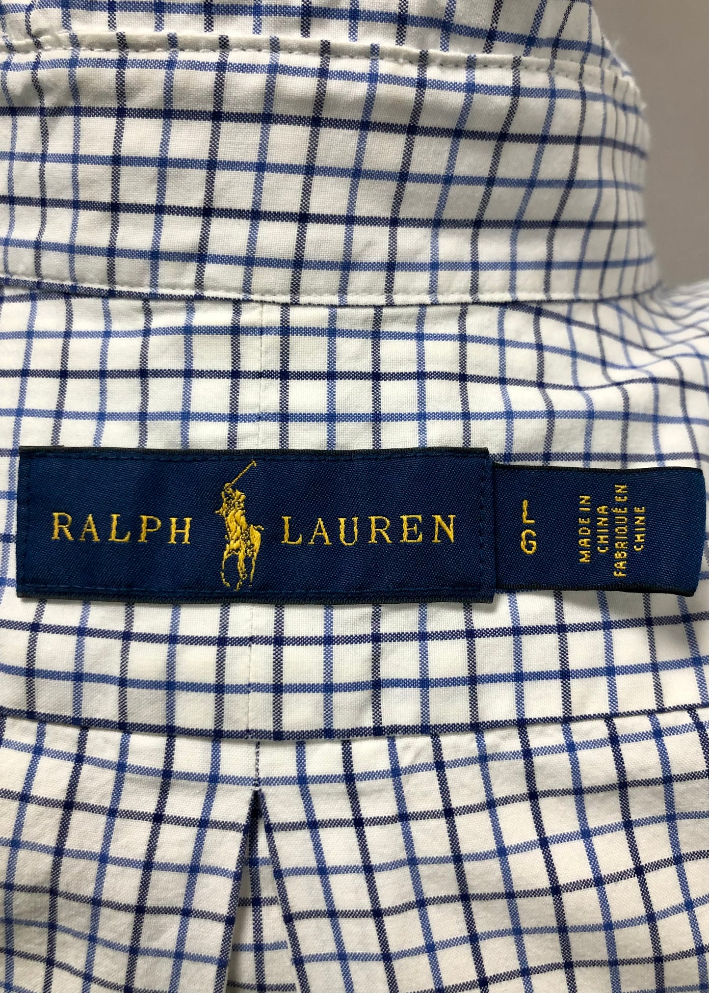 Camisa Polo Ralph Lauren 🏇🏼 color blanco con patrón de cuadros azul y negro Talla L Entalle Regular