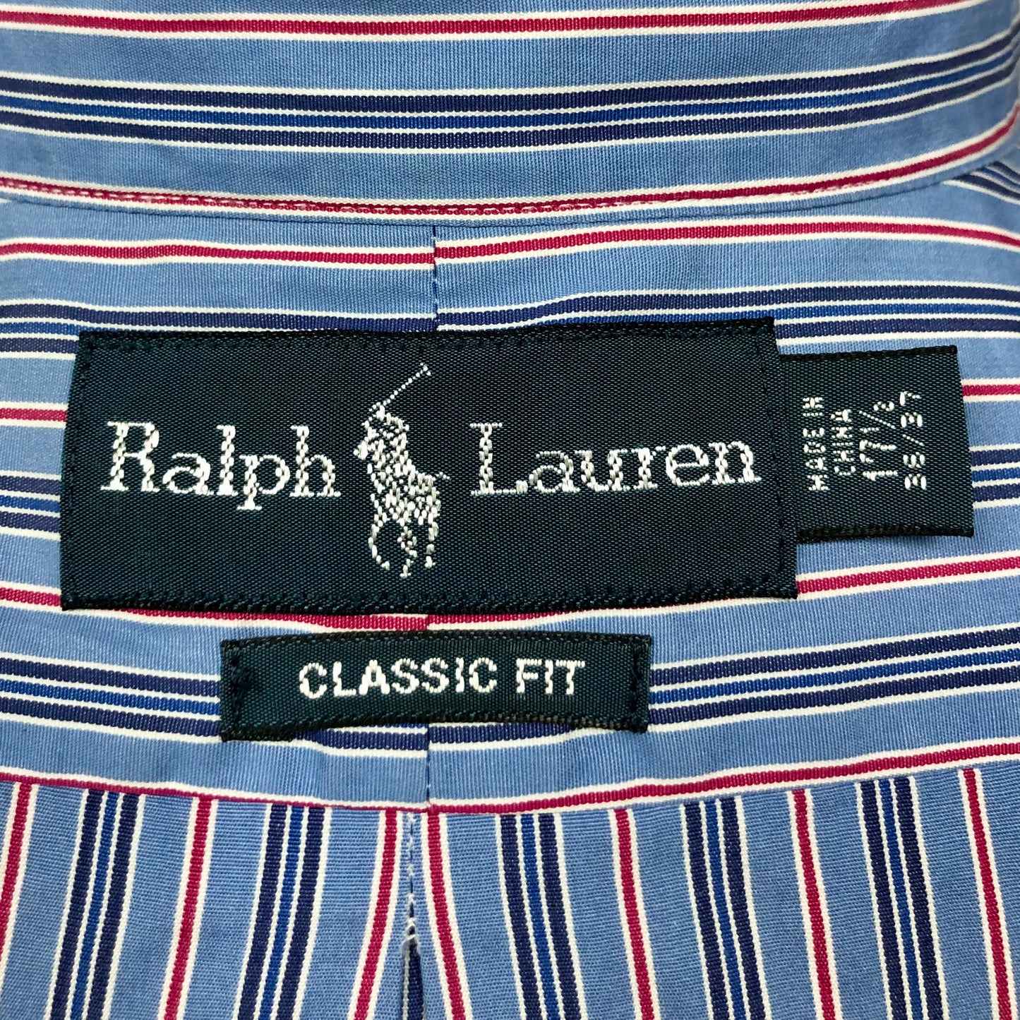 Camisa Polo Ralph Lauren 🏇🏼 color azul con patrón de rayas en rojo y negro Talla XL Entalle Clásico